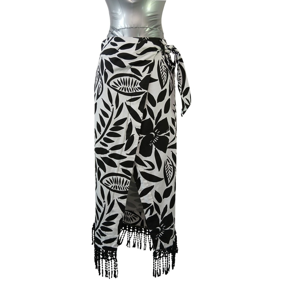 Buru Black White Tropical Botanical Wrap Maxi Skirt Sz S Crochet Fringe Resort